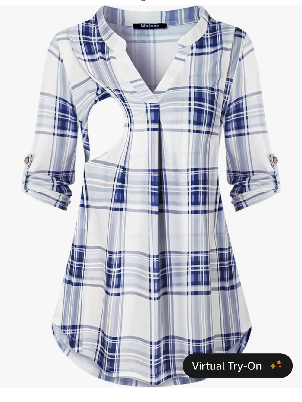 NWT Quinee Women’s Breastfeeding White & Blue Plaid Split-Neck Tunic Top Size L